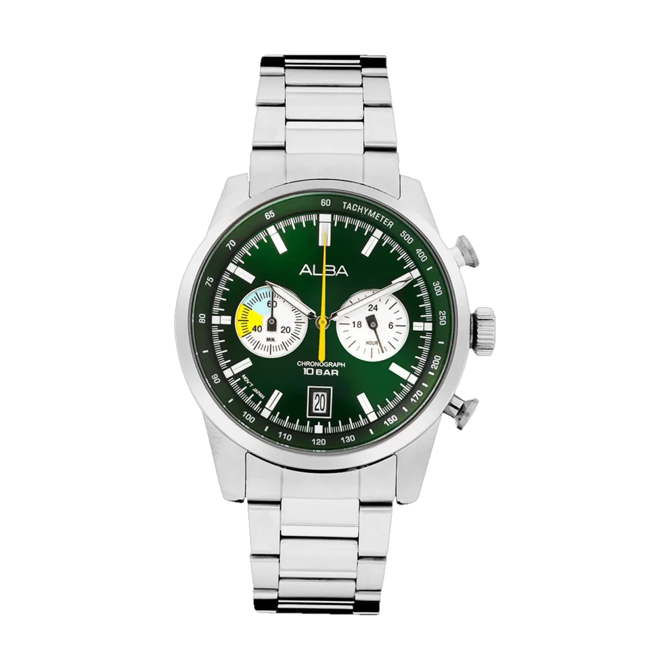 ALBA A4B007X1 men’s chronograph watch with green and white dial, stainless steel case and bracelet.