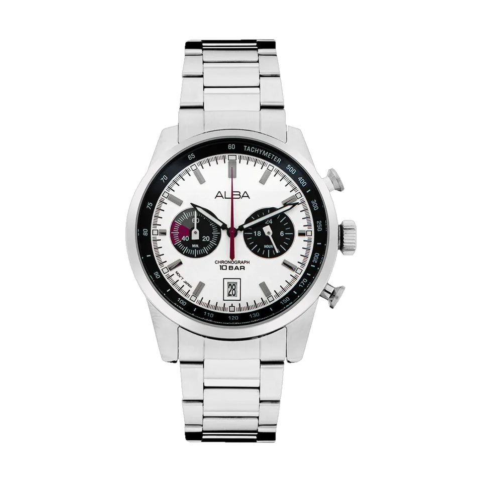 ALBA A4B009X1 men’s chronograph watch with white and black dial, stainless steel case and bracelet.