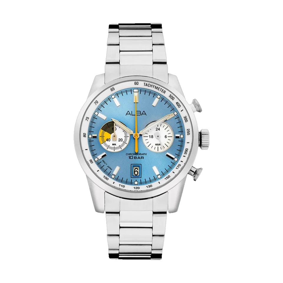 ALBA men’s chronograph watch with sky blue and white dial, stainless steel case and bracelet