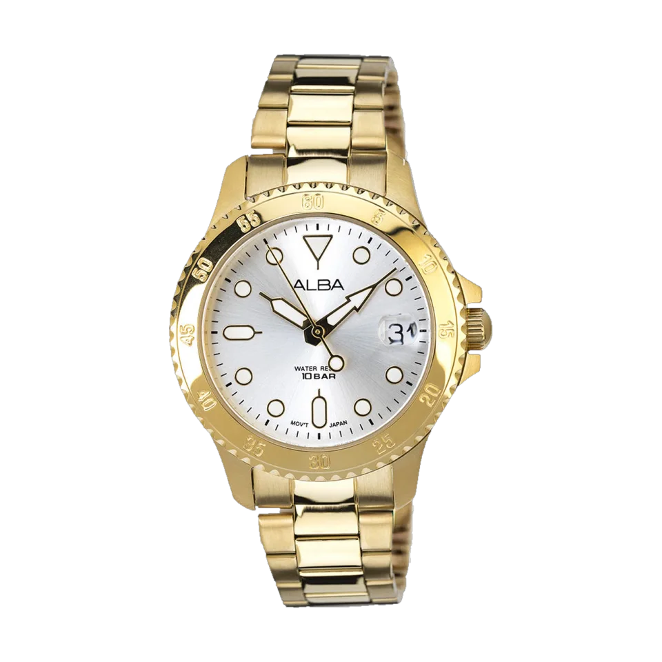 ALBA AG8Q32X1 Silver-White Dial With Gold Strap Watch — product shot