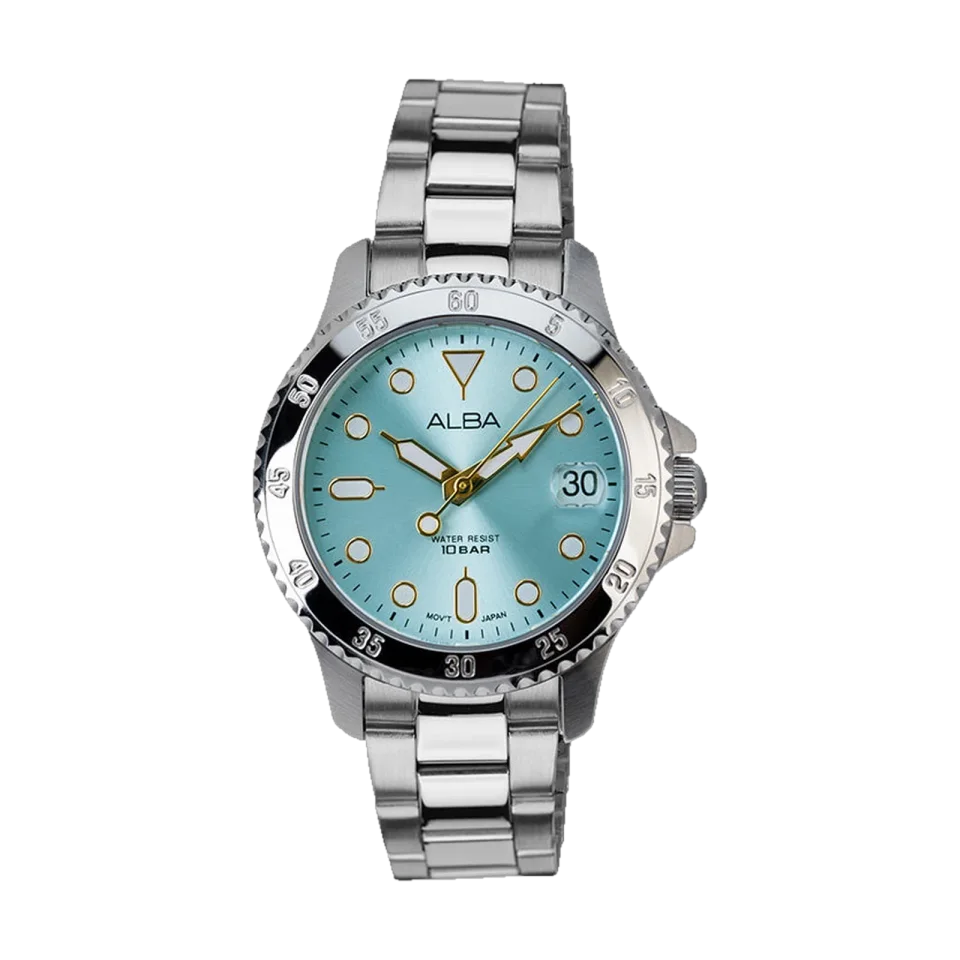 ALBA women’s watch with light blue dial, stainless steel case and bracelet, date display, and luminous hands and markers