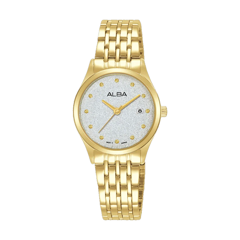 ALBA women’s watch with silver dial, gold-tone stainless steel bracelet and date display.