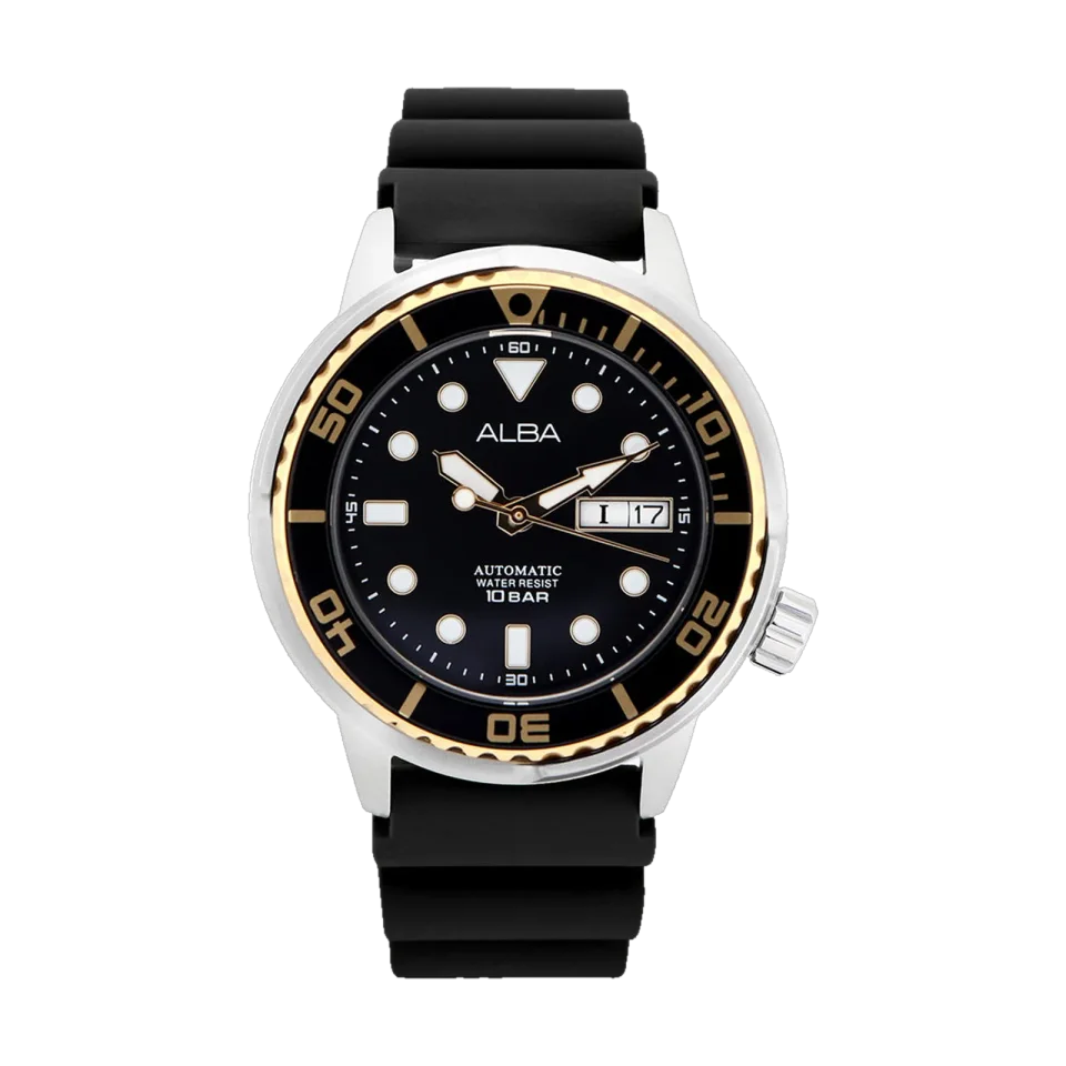 ALBA AL4250X1 men’s automatic watch with black dial, rotating bezel and black silicone strap