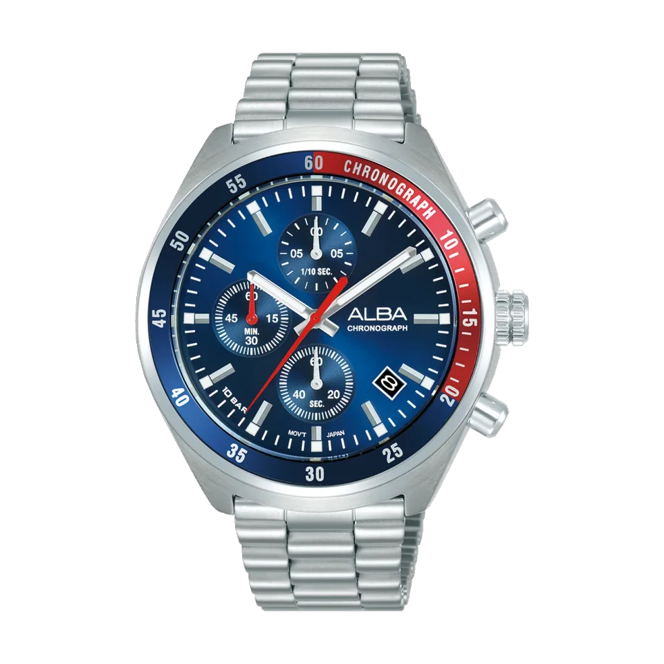 ALBA men’s chronograph watch with blue dial and silver stainless steel bracelet