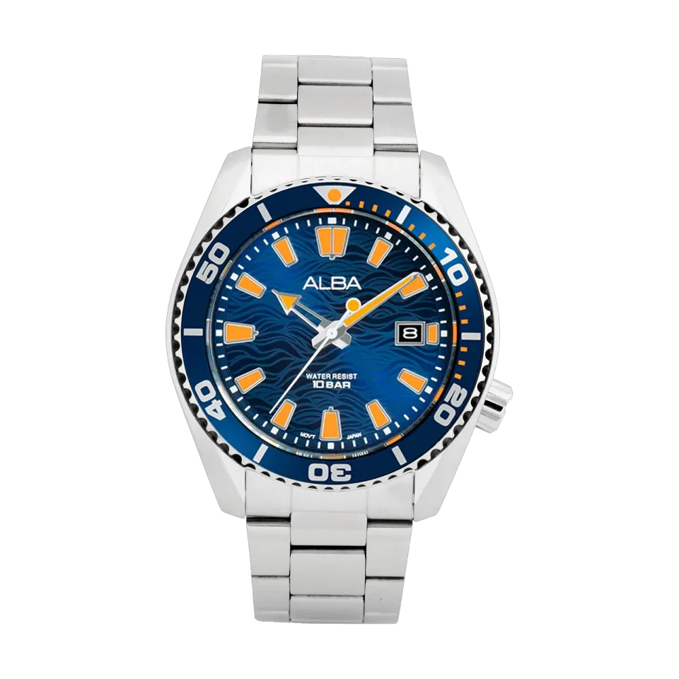 ALBA men’s watch with blue surf dial, stainless steel case and bracelet, and date display.
