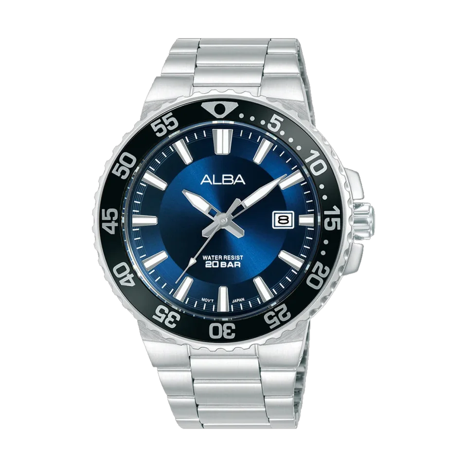 ALBA Active men’s watch with blue dial, stainless steel bracelet and date display.