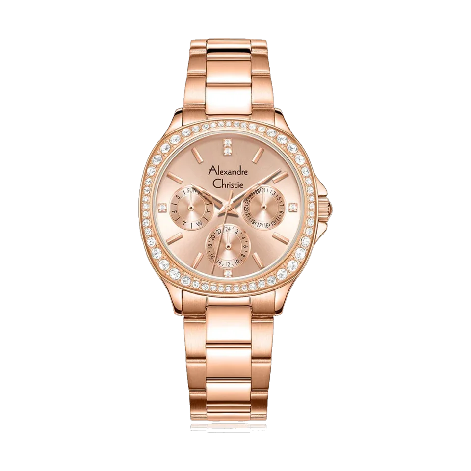 Alexandre Christie women’s multi-function quartz watch with a 33 mm stainless steel case and mineral crystal.