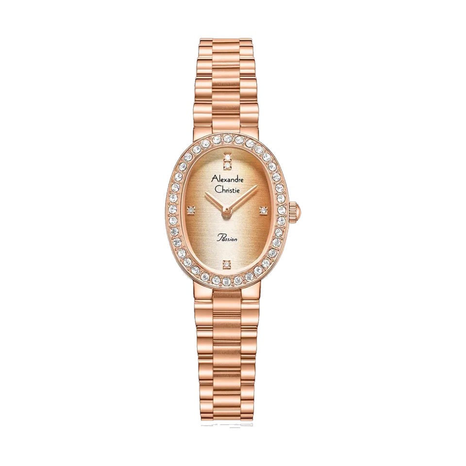 Alexandre Christie women’s classic quartz watch with 23mm stainless steel case and mineral crystal.