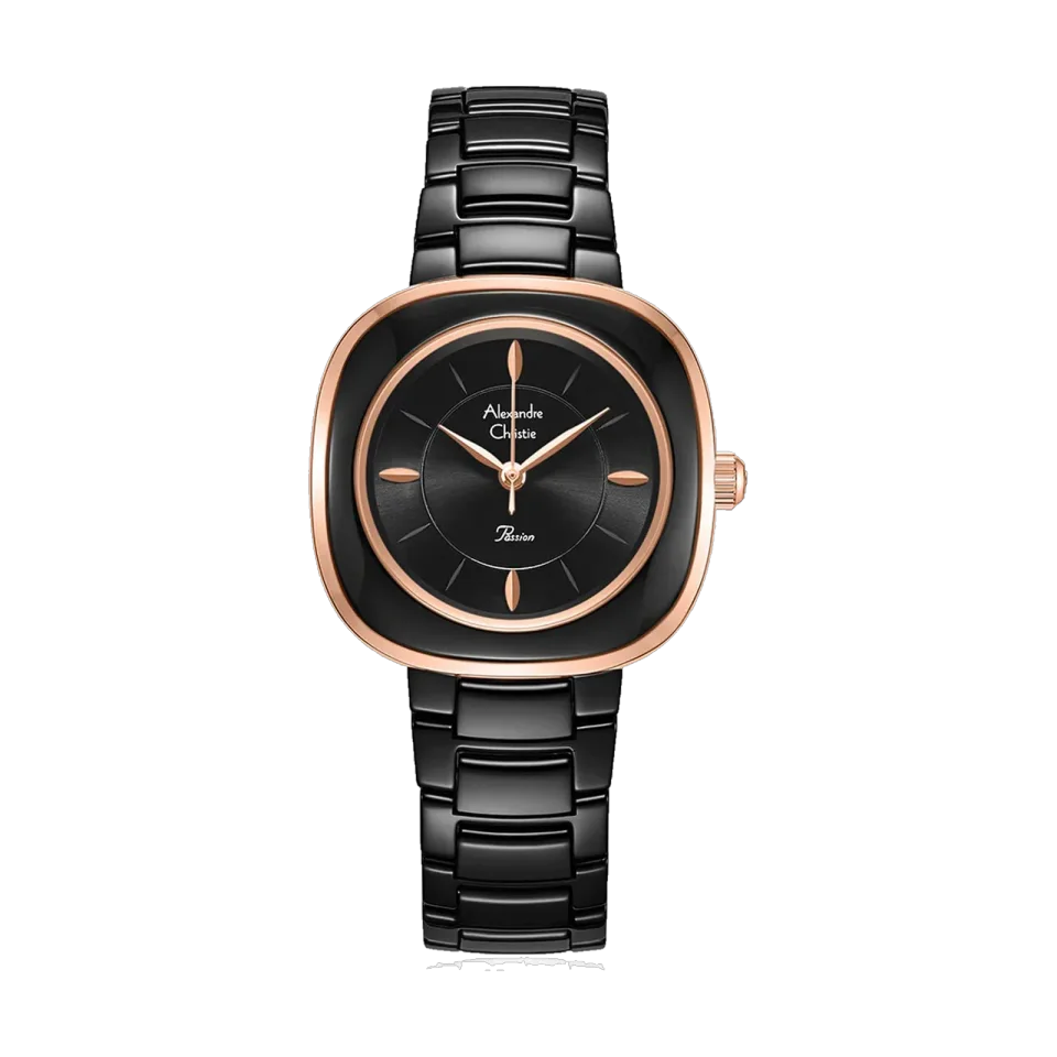 Alexandre Christie women’s classic watch with a 32mm ceramic case and mineral crystal.