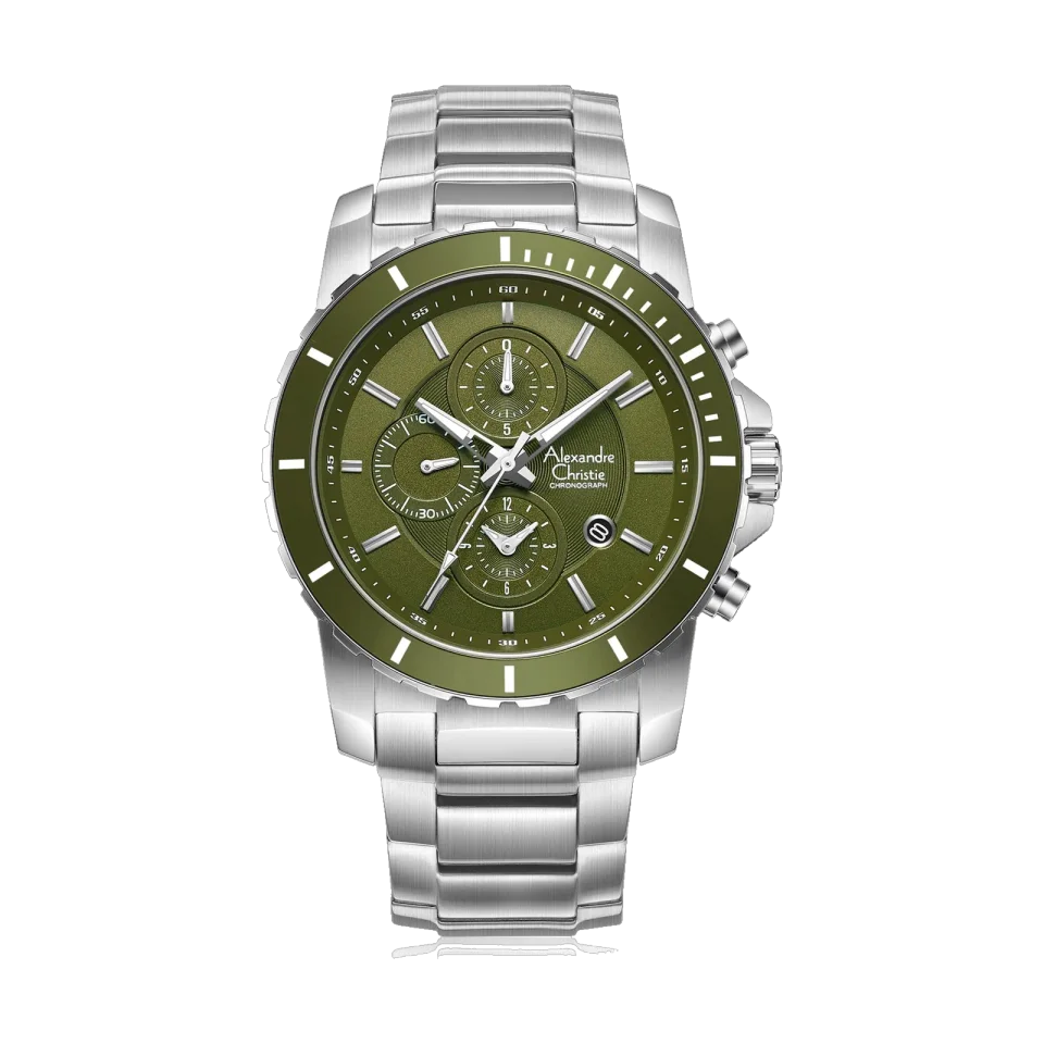 Alexandre Christie men’s chronograph watch with 44 mm stainless steel case and green dial