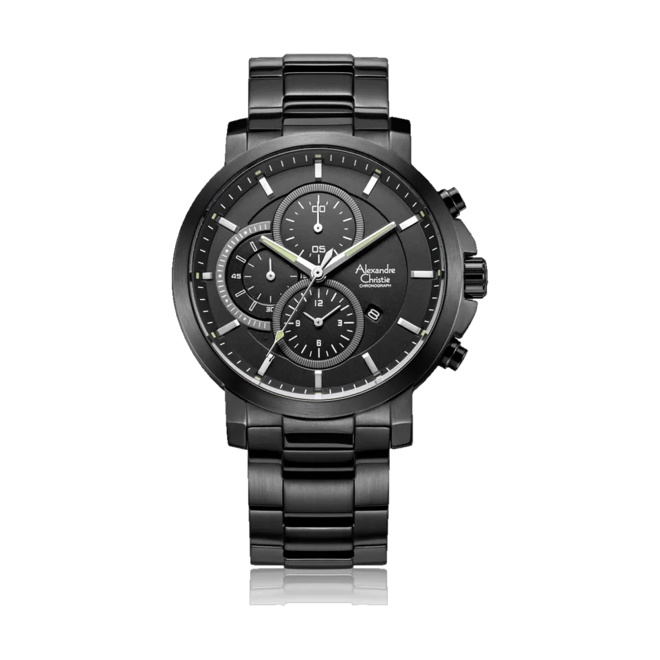 ALEXANDRE CHRISTIE men’s chronograph watch with 45mm stainless steel case and mineral crystal.