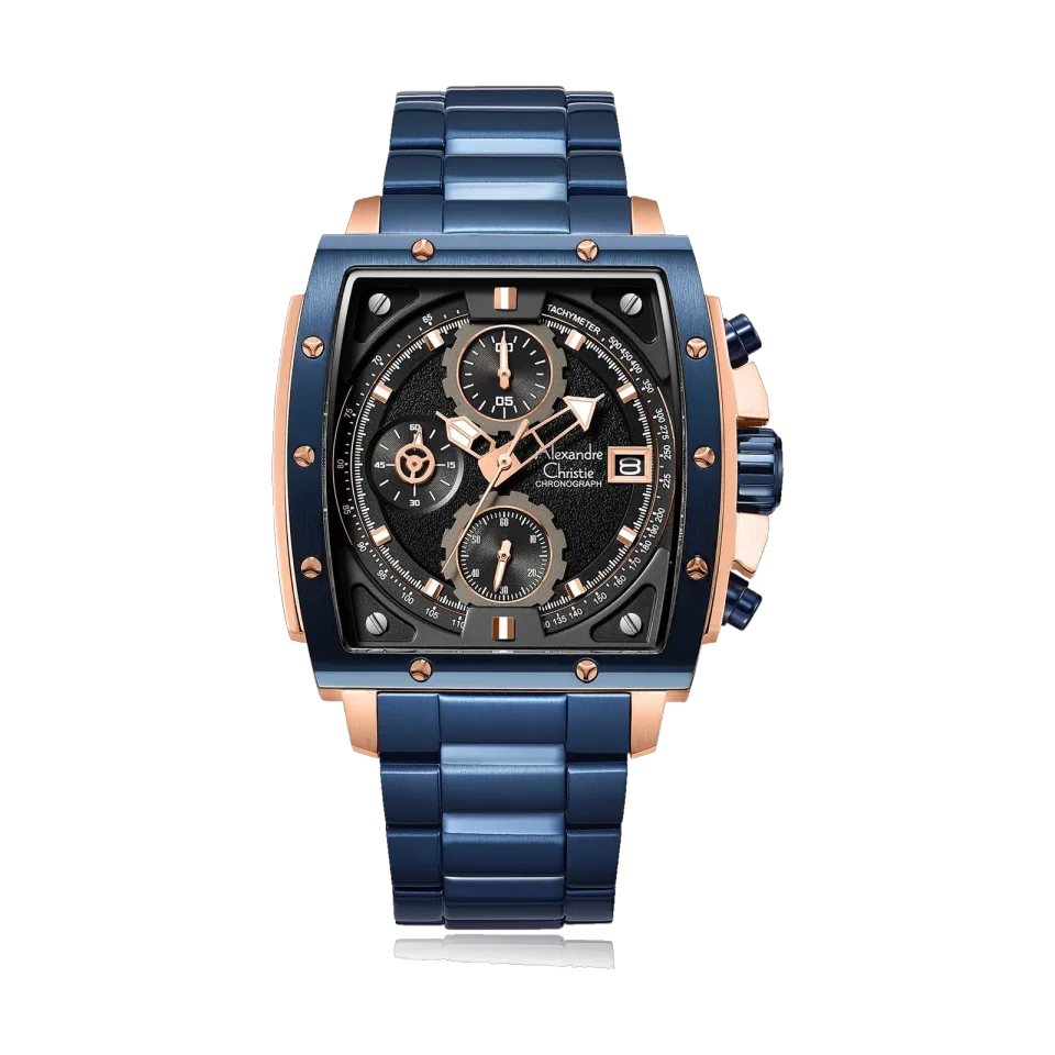Alexandre Christie 6376MCBURBA men’s chronograph watch with a 44 mm stainless steel case and mineral crystal.