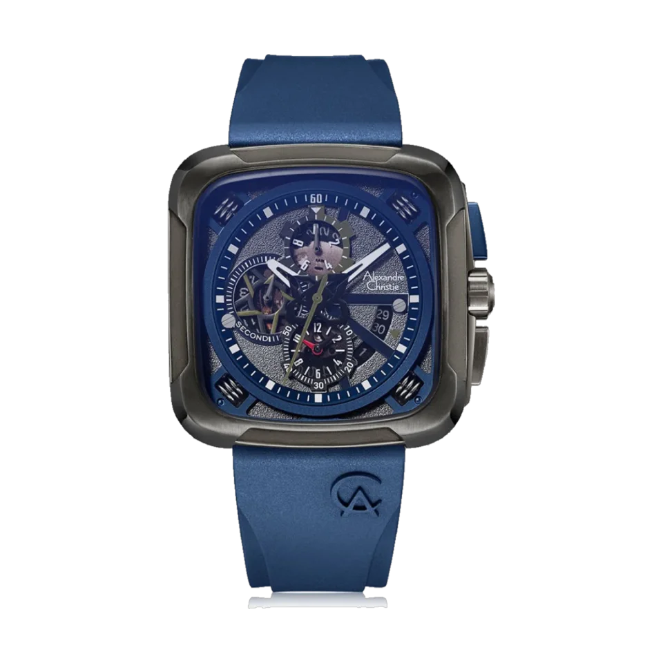 Alexandre Christie men’s chronograph watch with a 45 mm stainless steel case and mineral crystal.