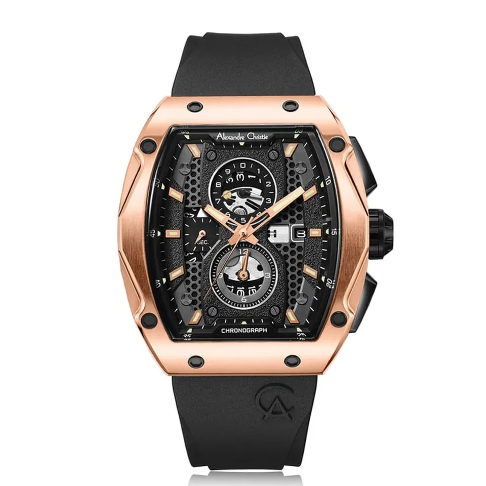 Alexandre Christie 6608MCRRGBA men’s chronograph watch with black dial, stainless steel case and black rubber strap