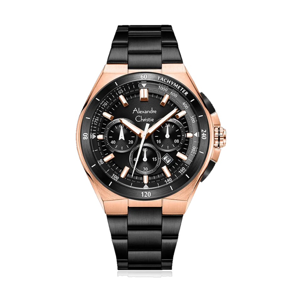 ALEXANDRE CHRISTIE men's chronograph watch with a 44mm stainless steel case and mineral crystal.
