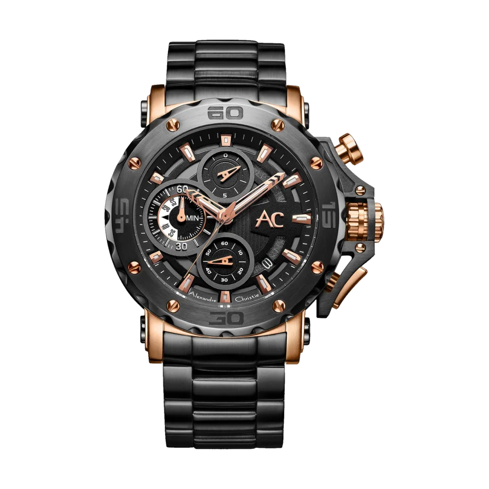 Alexandre Christie men’s chronograph watch with 47mm stainless steel case and mineral crystal