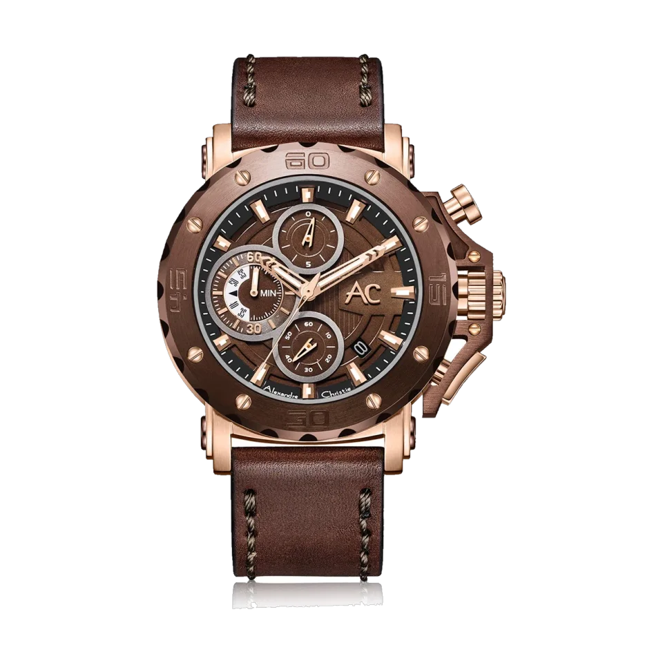 Men’s Alexandre Christie 9205MCLROBO chronograph watch with 47 mm stainless steel case and mineral crystal.