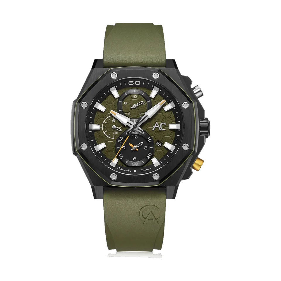 ALEXANDRE CHRISTIE men’s chronograph watch with a 45 mm stainless steel case and mineral crystal.