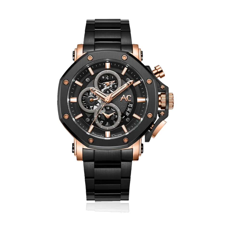 ALEXANDRE CHRISTIE men’s chronograph watch with a 44 mm stainless steel case and mineral crystal.