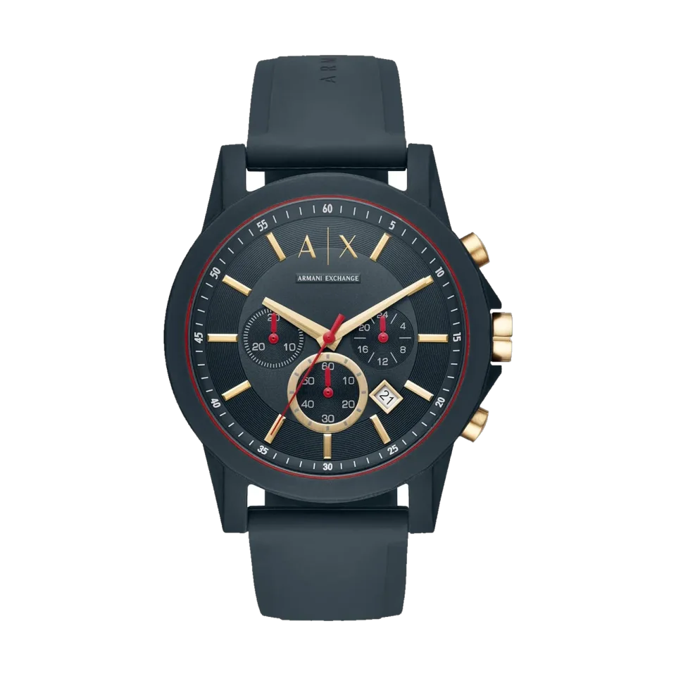 Armani Exchange AX1335 men’s watch with blue dial, stainless steel case and blue silicon strap.