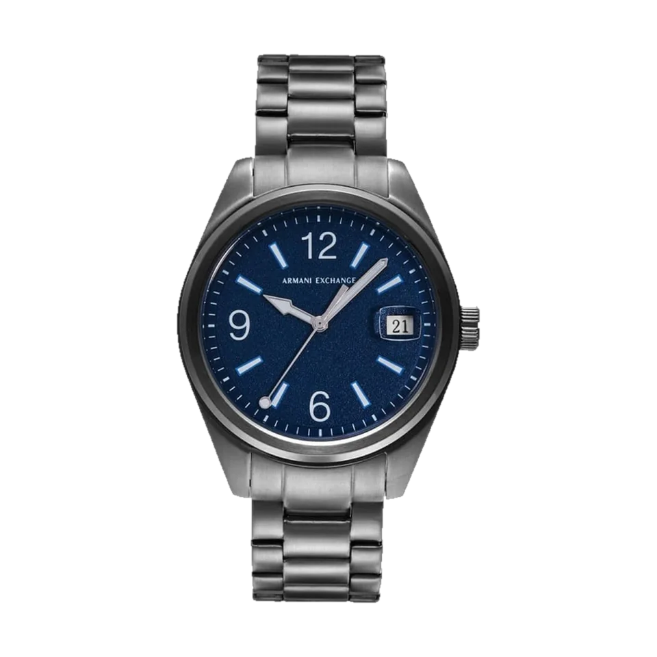 Armani Exchange AX1421 men’s watch with blue dial, date display and gunmetal stainless steel bracelet.