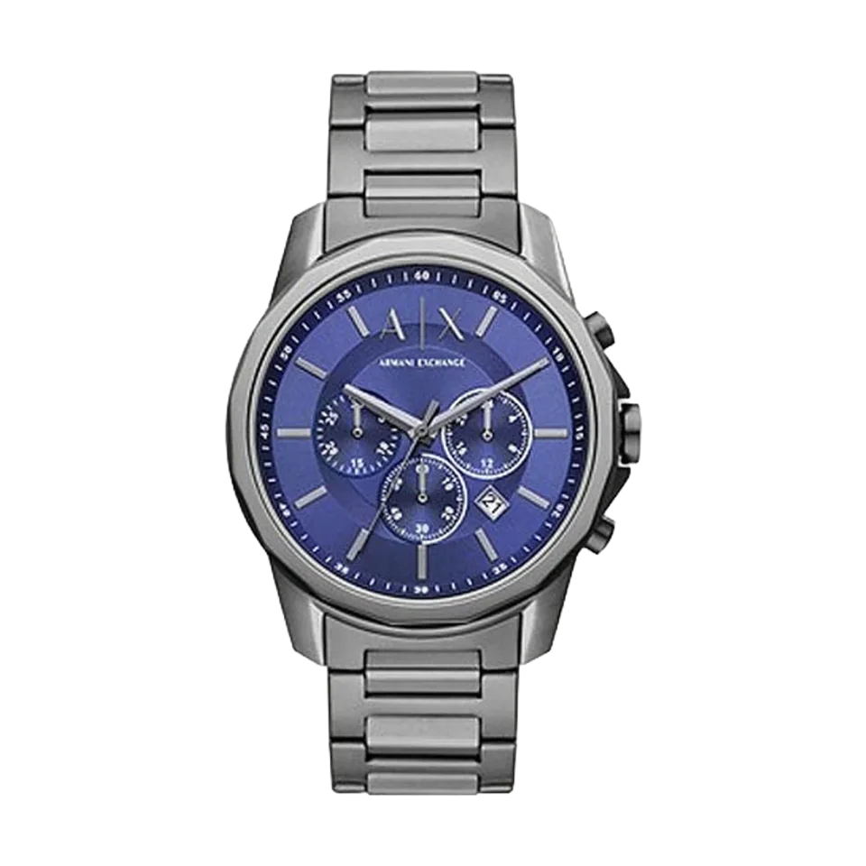 Armani Exchange men's watch with blue dial, stainless steel case and grey stainless steel bracelet.