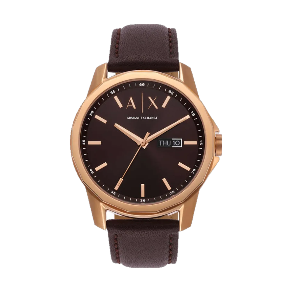 Armani Exchange AX1740 men’s watch with brown dial, stainless steel case, and brown leather strap.