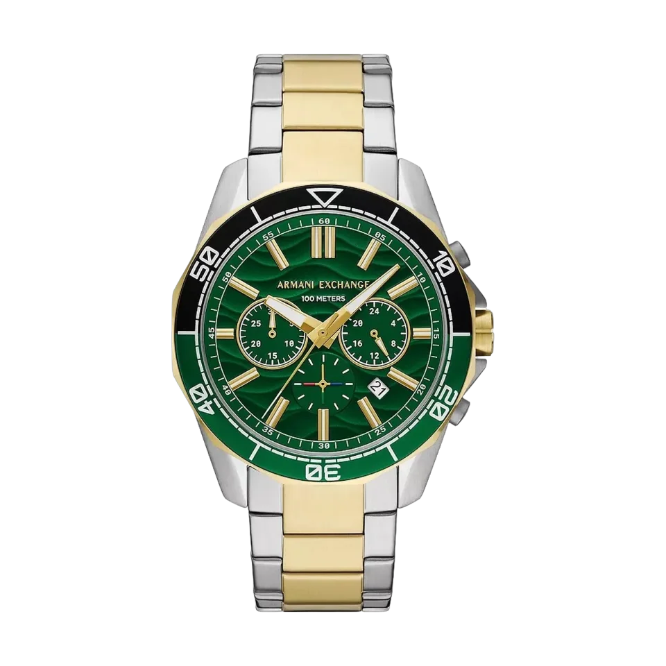 Armani Exchange AX1966 chronograph with green dial and two-tone stainless steel bracelet