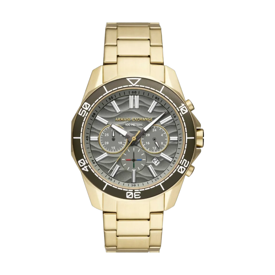 Armani Exchange AX1970 men’s chronograph with grey dial, gold-tone stainless steel bracelet and stainless steel case.