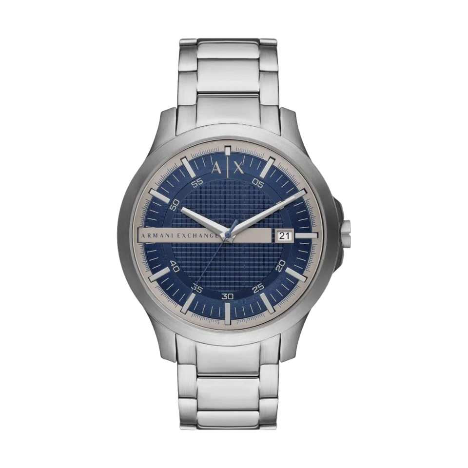 Armani Exchange Hampton AX2451 men’s watch with blue dial, stainless steel case and silver bracelet.