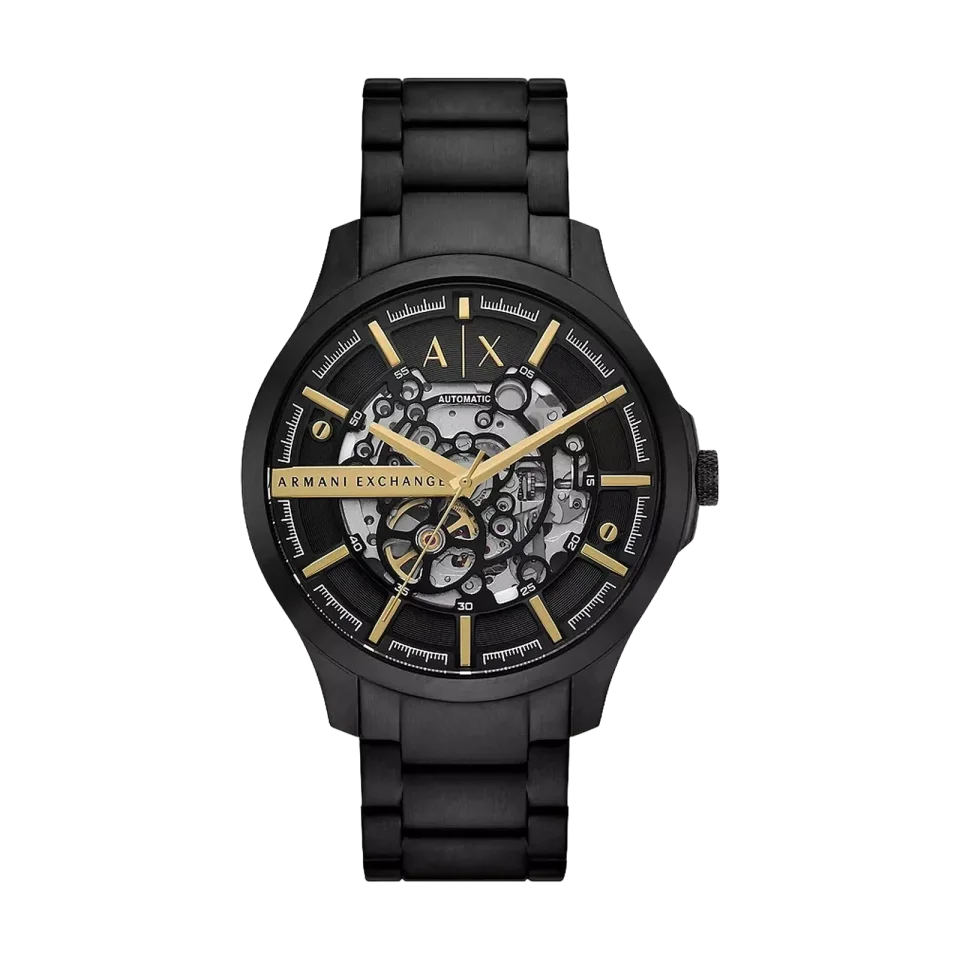 Armani Exchange AX2463 men’s automatic watch with black dial, stainless steel case and black steel bracelet.