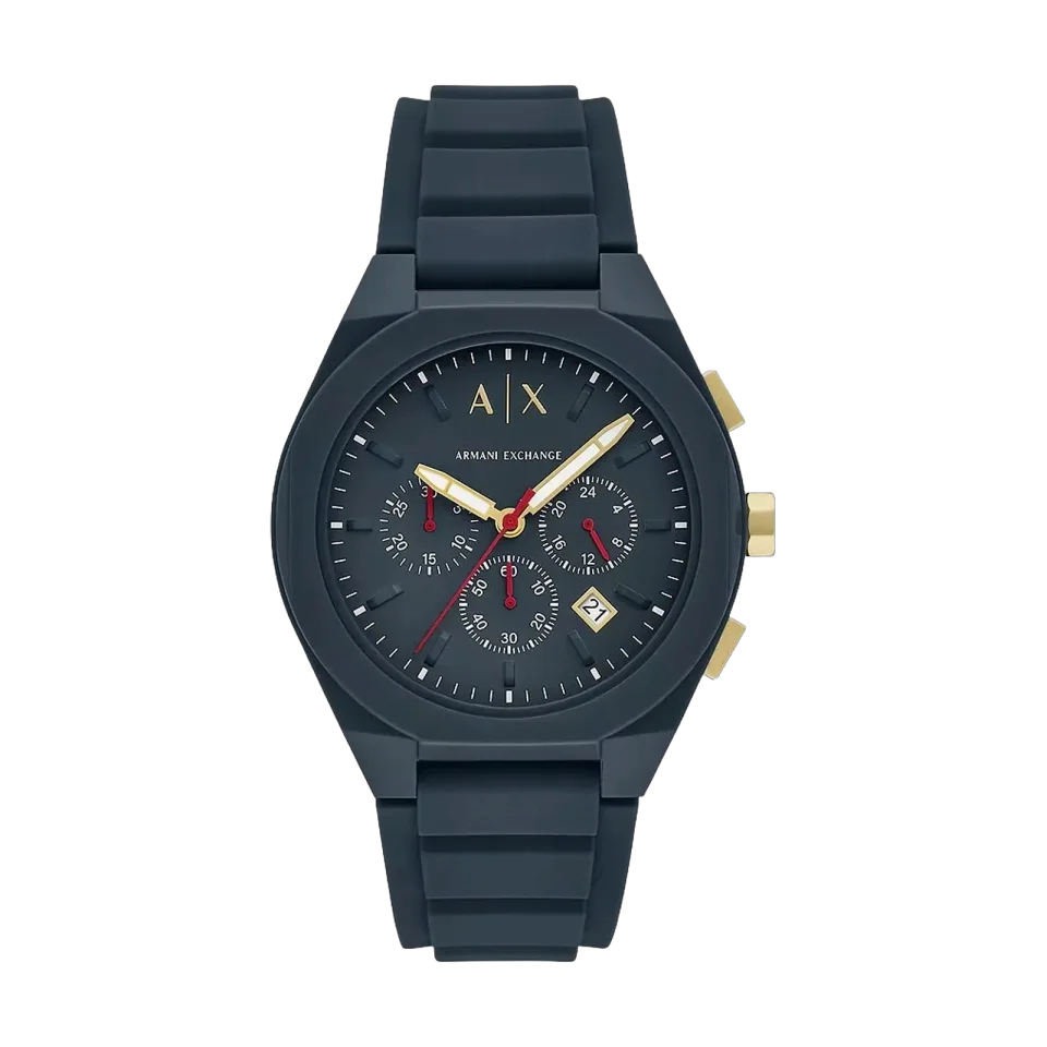Armani Exchange AX4168 men’s blue chronograph watch with blue silicone strap and 44 mm case