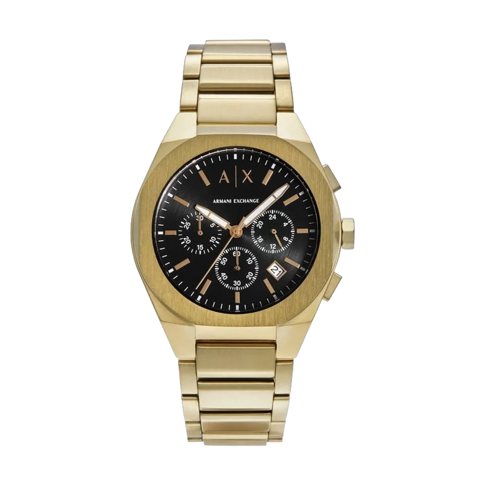 Armani Exchange AX4180 men’s chronograph watch with black dial and gold-tone stainless steel bracelet.