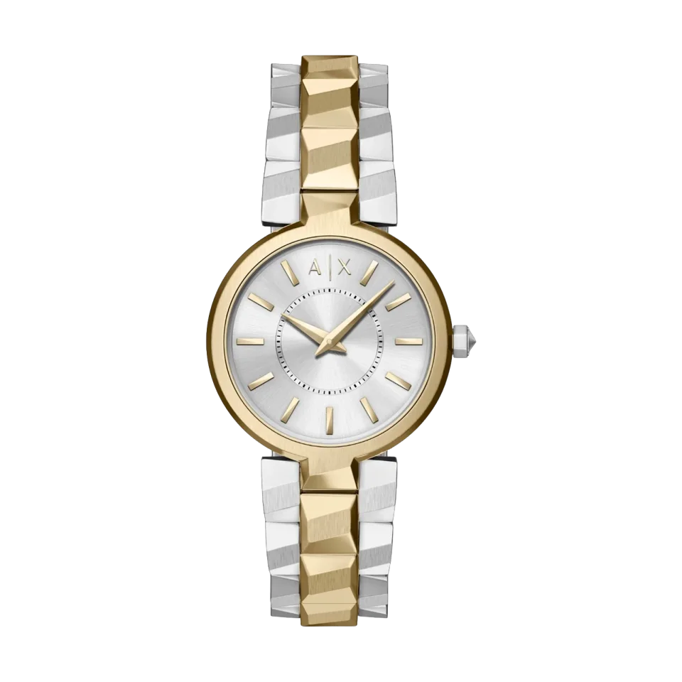 Armani Exchange AX4406 women’s watch with silver dial and two-tone stainless steel bracelet.