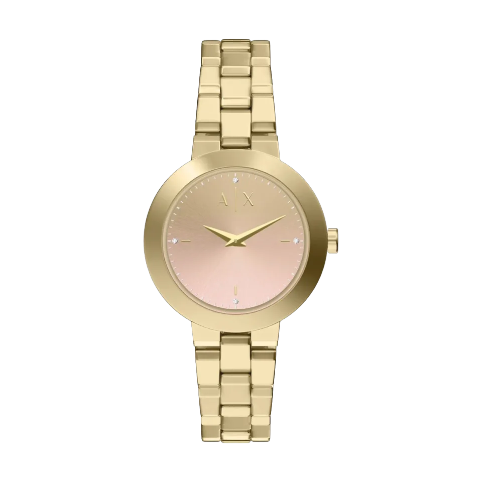 Armani Exchange AX5182 women’s watch with a pink dial and gold stainless steel bracelet