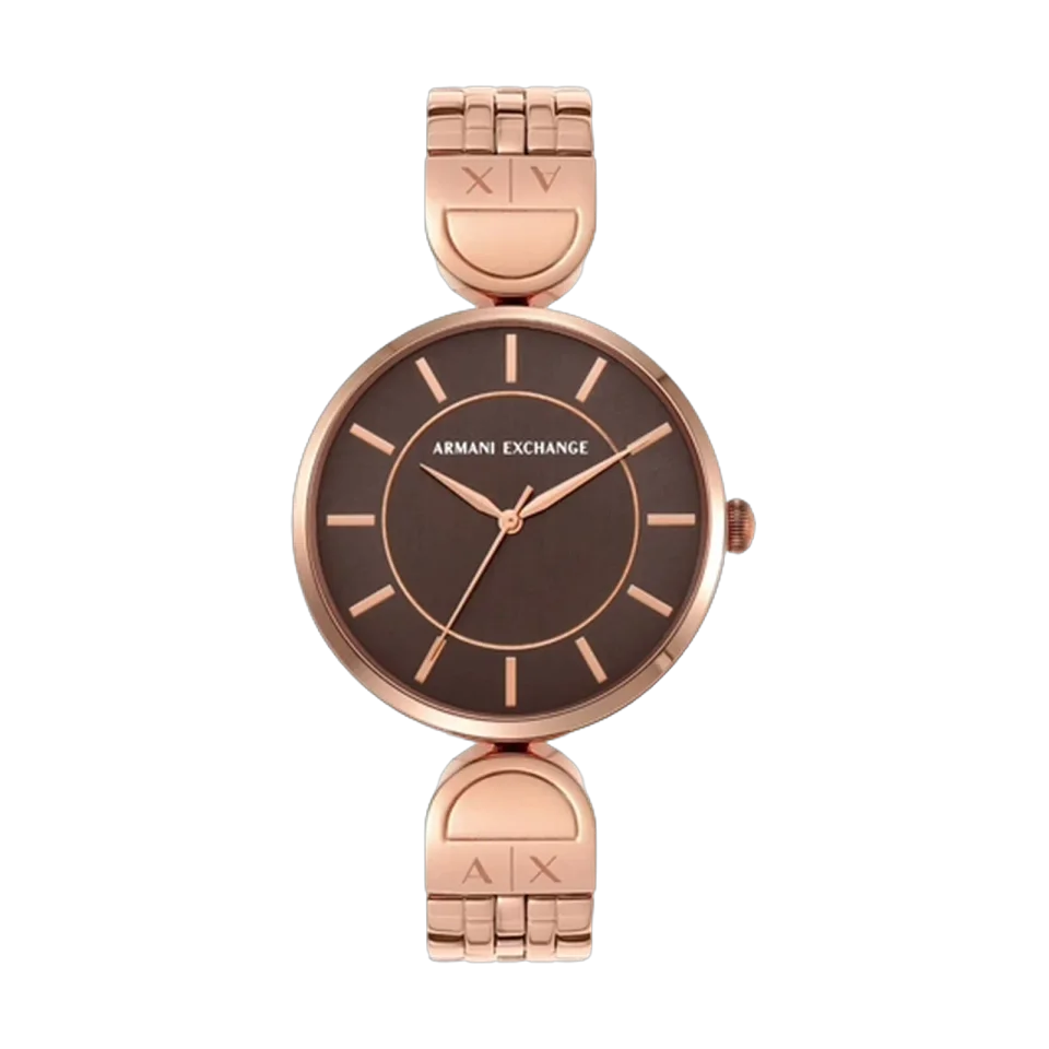 Armani Exchange Brooke AX5384 women’s watch with brown dial, rose gold stainless steel bracelet and round stainless steel case.