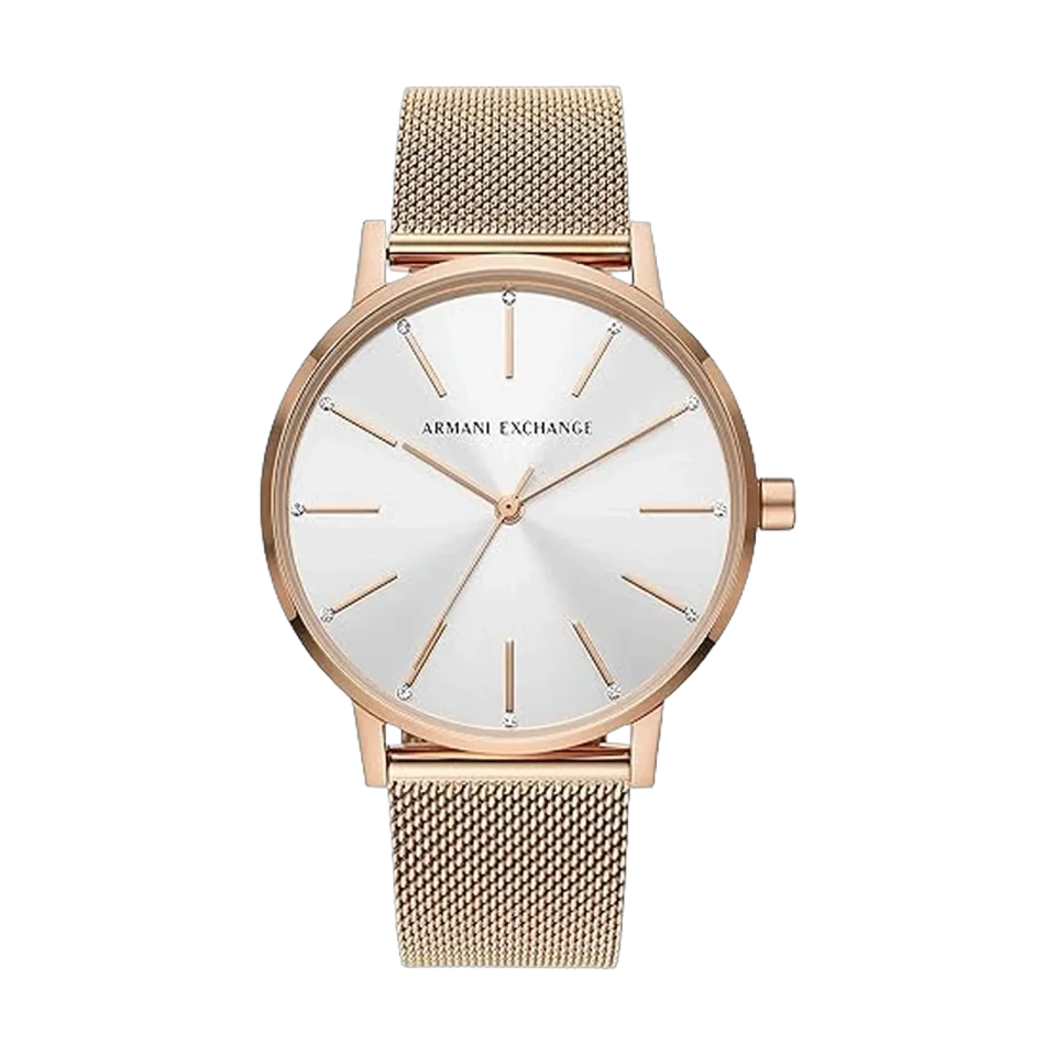 Armani Exchange AX5573 women’s watch with a silver dial and rose gold stainless steel bracelet.