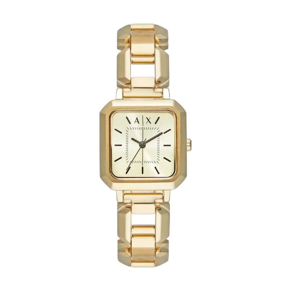 Armani Exchange Leila AX5721 women’s watch with a gold dial, gold-tone stainless steel bracelet and 27 mm case.