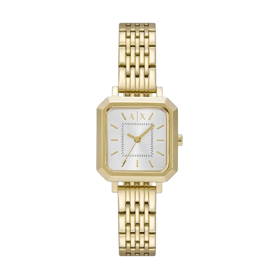 Armani Exchange AX5725 women’s watch with a gold stainless steel bracelet and silver dial.