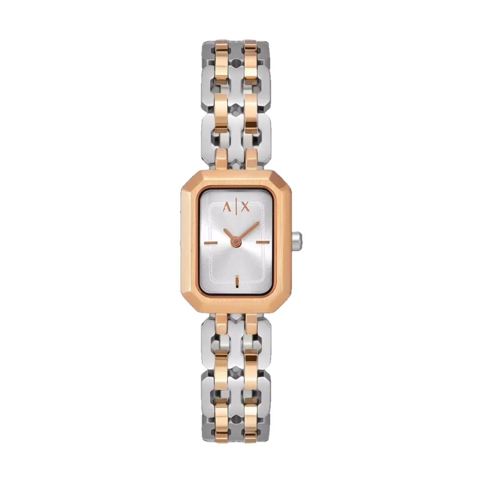 Armani Exchange AX5810 women’s watch with silver dial and two-tone stainless steel bracelet.