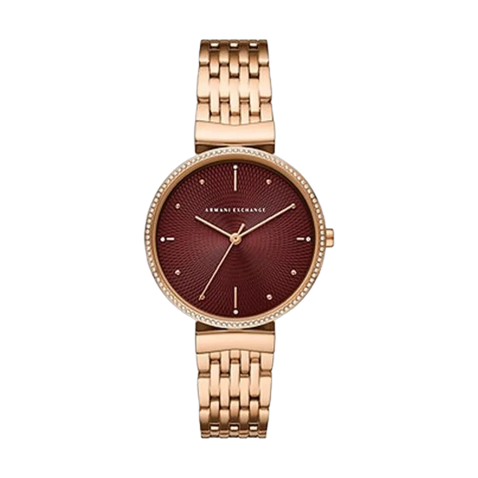 Women’s Armani Exchange AX5912 watch with red dial and rose gold stainless steel bracelet.