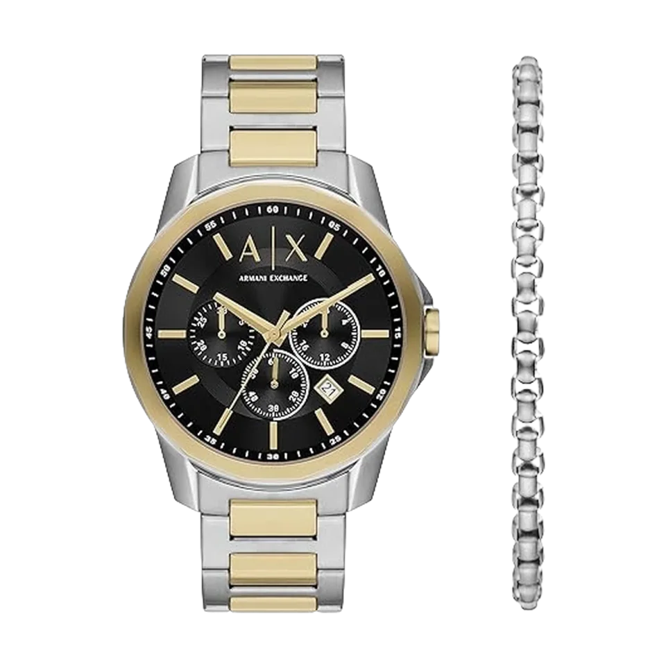 Armani Exchange Banks men's watch with black dial, stainless steel case and two-tone stainless steel bracelet.