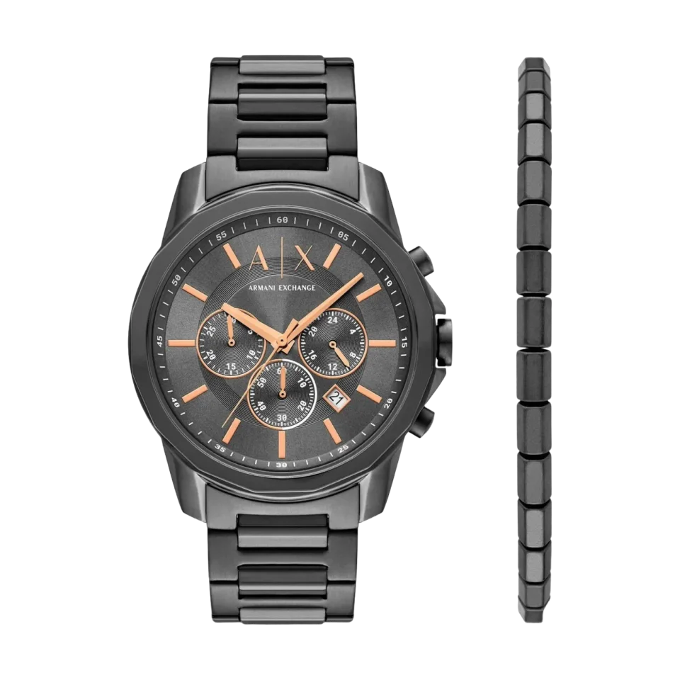 ARMANI EXCHANGE men’s chronograph watch with grey dial, stainless-steel case and bracelet.