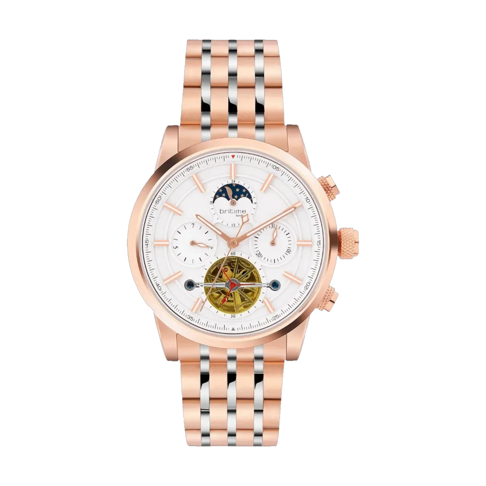 BRITIME Spencer men’s automatic watch with white dial, dual-tone metal bracelet and moon phase display.