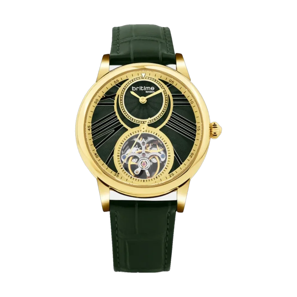 Men’s BRITIME automatic watch with a green dial, stainless steel case and green leather strap.