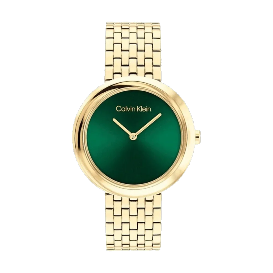 Women’s Calvin Klein Twisted Bezel watch with green dial, gold-tone stainless steel bracelet and 34 mm case.