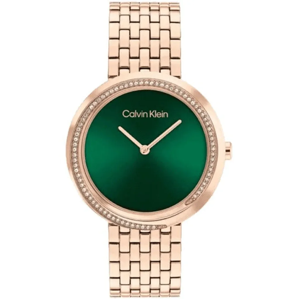 Calvin Klein women’s watch with green dial, 34 mm stainless steel case and rose gold stainless steel bracelet.