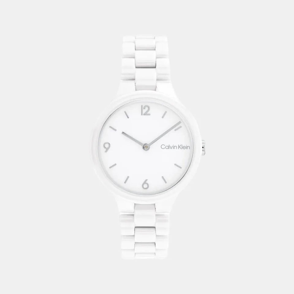 Calvin Klein Linked women’s watch with white dial, white ceramic case and bracelet