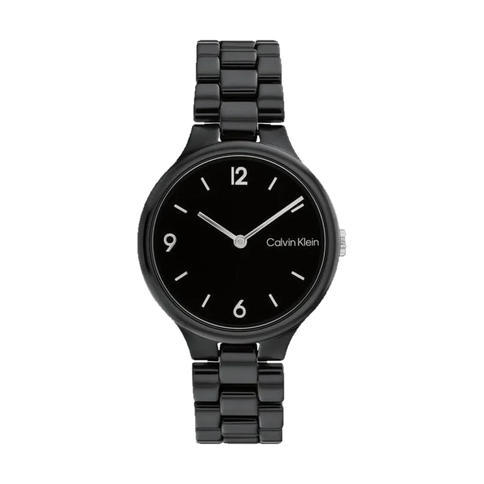 Calvin Klein Linked women’s watch with black dial, round ceramic case and black stainless steel bracelet