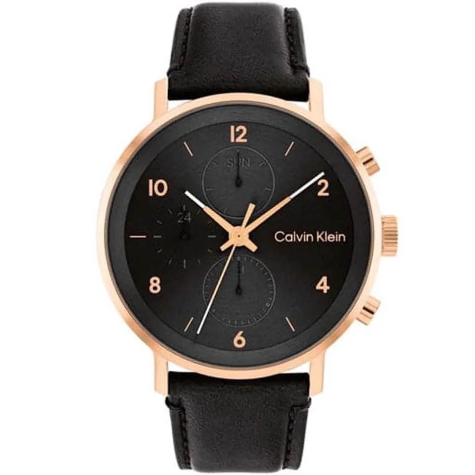 Calvin Klein Modern Multifunction watch with black dial, stainless steel case and black leather strap